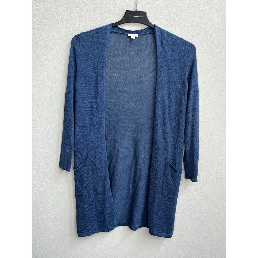 J Jill Long Cardigan Sweater SZ Small S Open Front Blue Linen Blend Duster Light